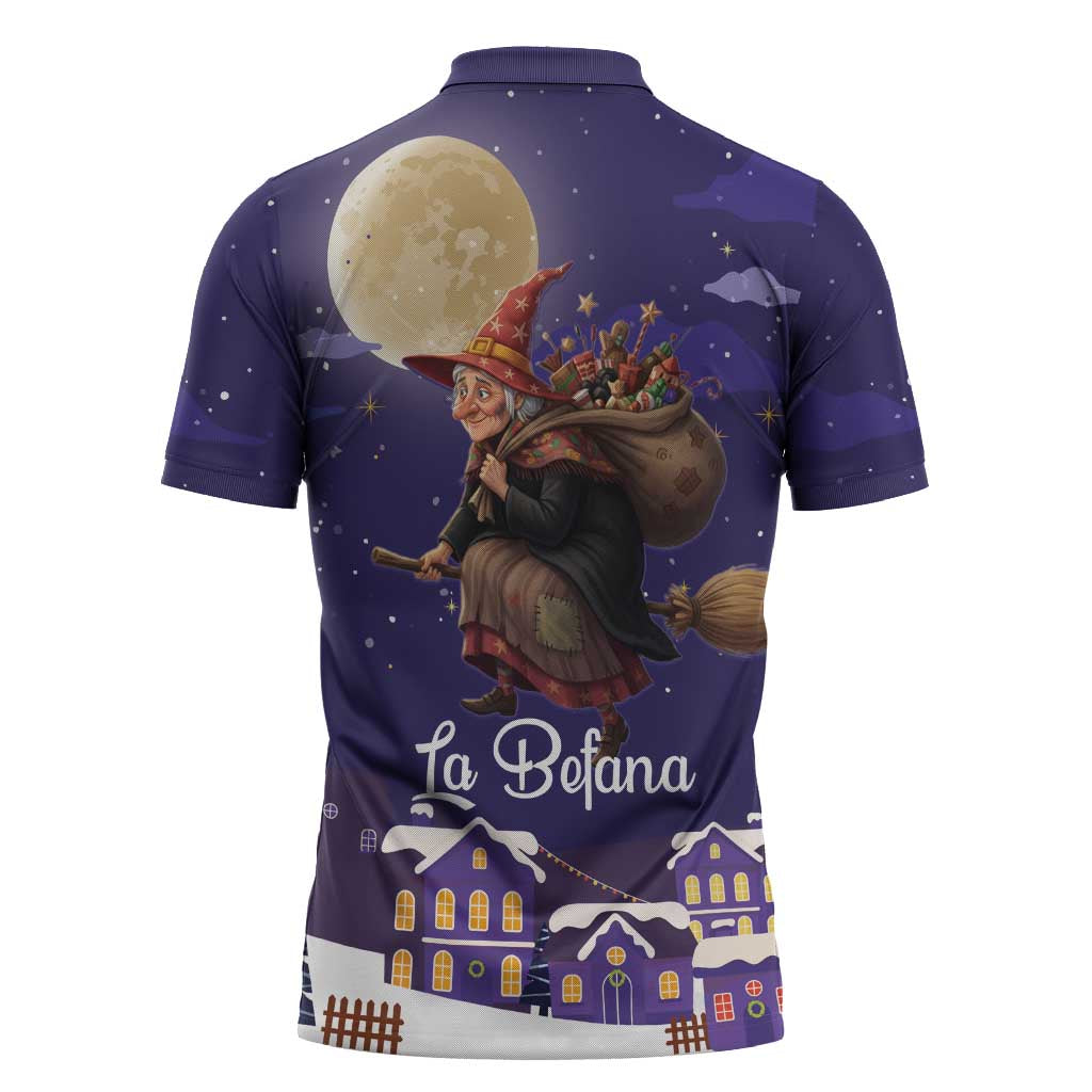 Italy Christmas Zipper Polo Shirt La Befana Flying Over Winter Night - Wonder Print Shop