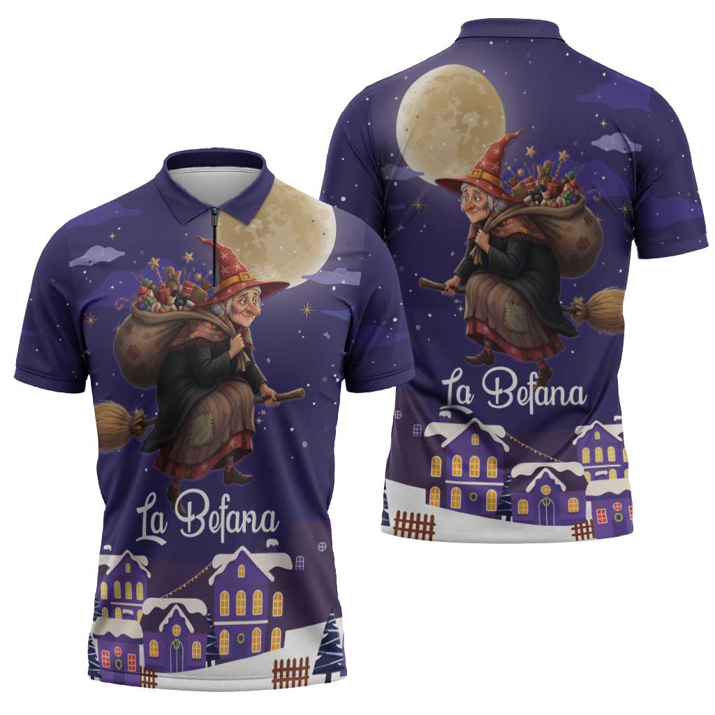Italy Christmas Zipper Polo Shirt La Befana Flying Over Winter Night - Wonder Print Shop
