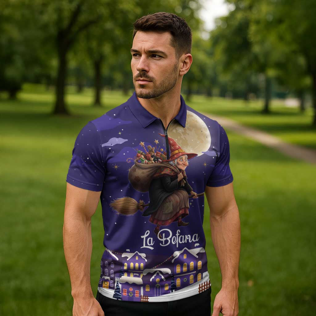 Italy Christmas Zipper Polo Shirt La Befana Flying Over Winter Night - Wonder Print Shop