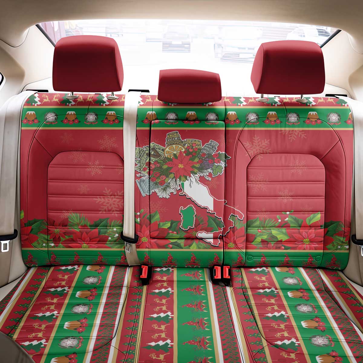 Italy Christmas Back Car Seat Cover Italian Map Poinsettia - Wonder Print Shop