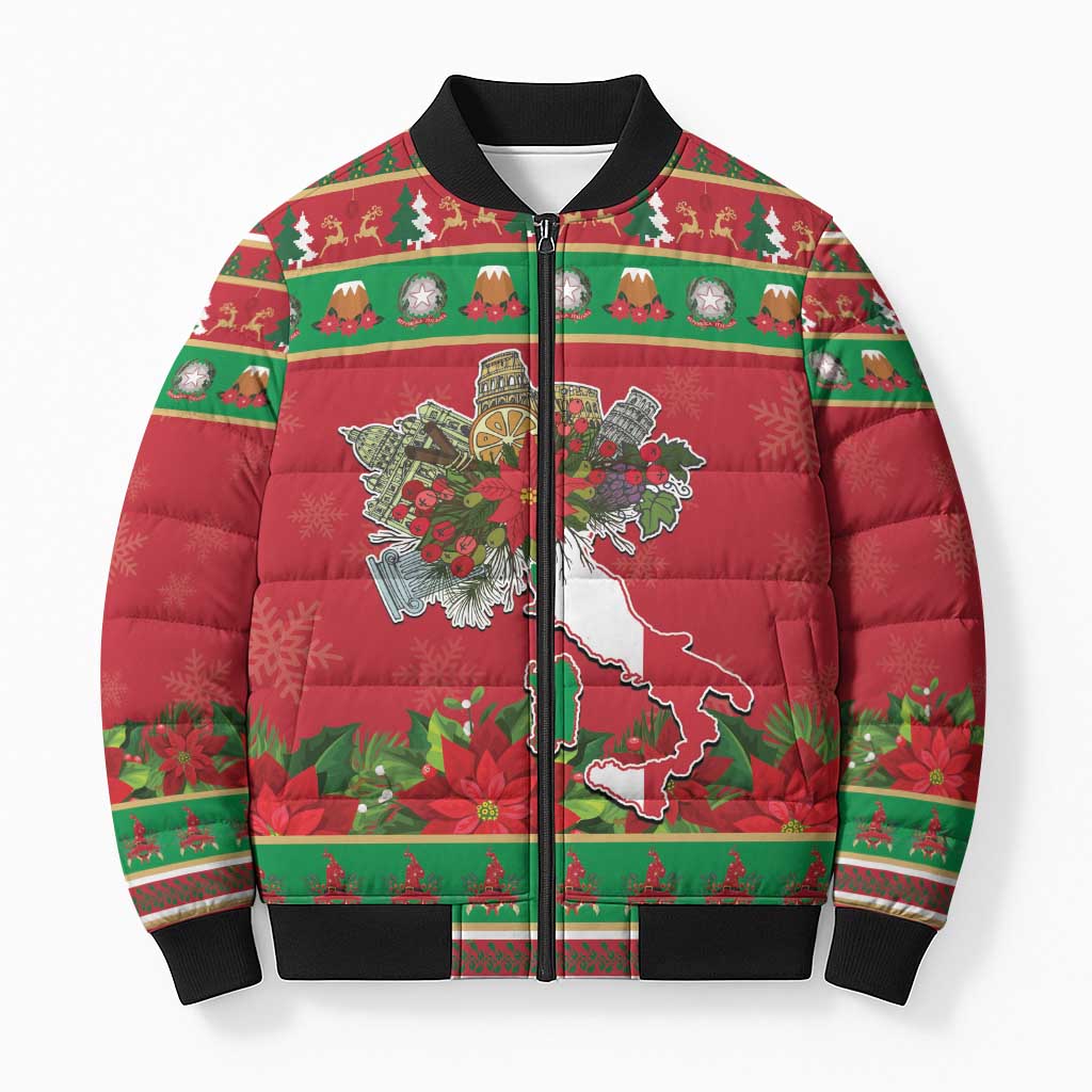 Italy Christmas Bomber Puffer Jacket Italian Map Poinsettia - Wonder Print Shop