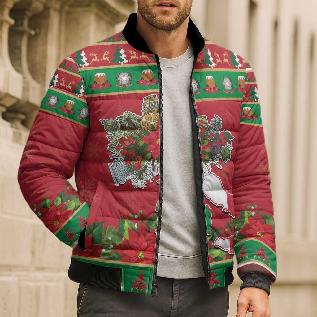 Italy Christmas Bomber Puffer Jacket Italian Map Poinsettia - Wonder Print Shop