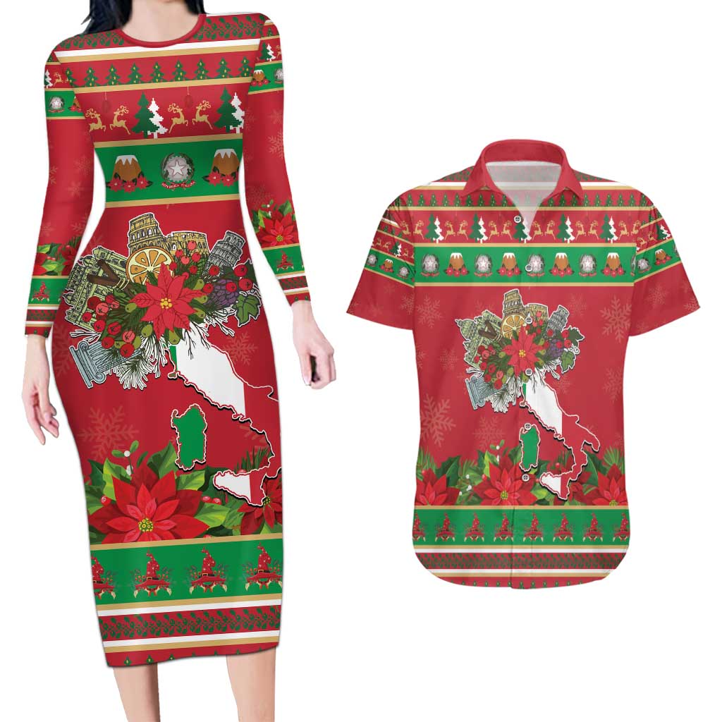 Italy Christmas Couples Matching Long Sleeve Bodycon Dress and Hawaiian Shirt Italian Map Poinsettia - Wonder Print Shop