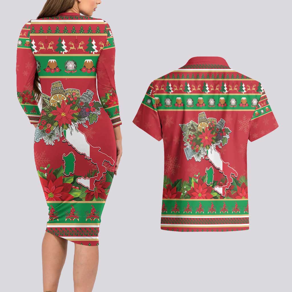 Italy Christmas Couples Matching Long Sleeve Bodycon Dress and Hawaiian Shirt Italian Map Poinsettia - Wonder Print Shop
