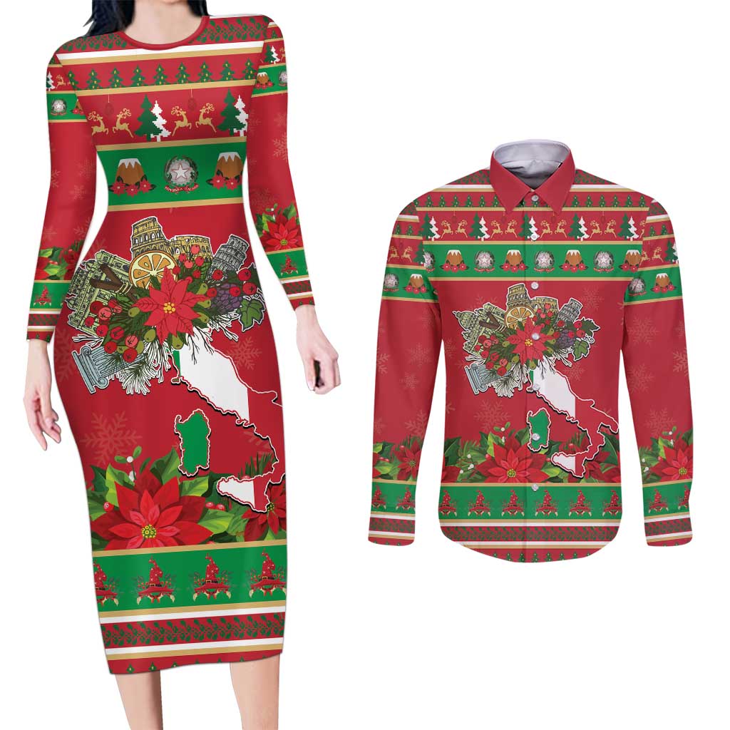 Italy Christmas Couples Matching Long Sleeve Bodycon Dress and Long Sleeve Button Shirt Italian Map Poinsettia - Wonder Print Shop