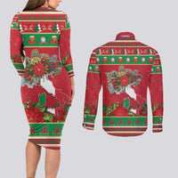 Italy Christmas Couples Matching Long Sleeve Bodycon Dress and Long Sleeve Button Shirt Italian Map Poinsettia - Wonder Print Shop