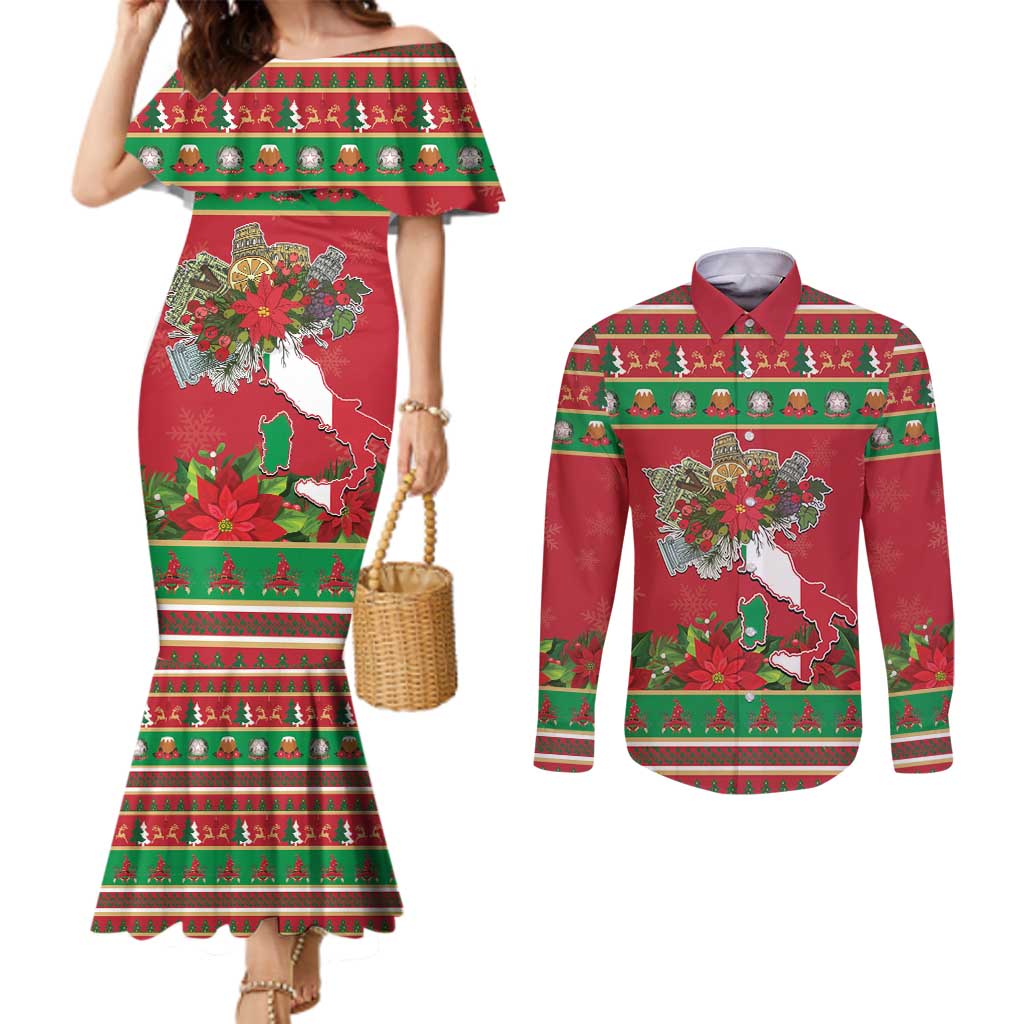 Italy Christmas Couples Matching Mermaid Dress and Long Sleeve Button Shirt Italian Map Poinsettia - Wonder Print Shop