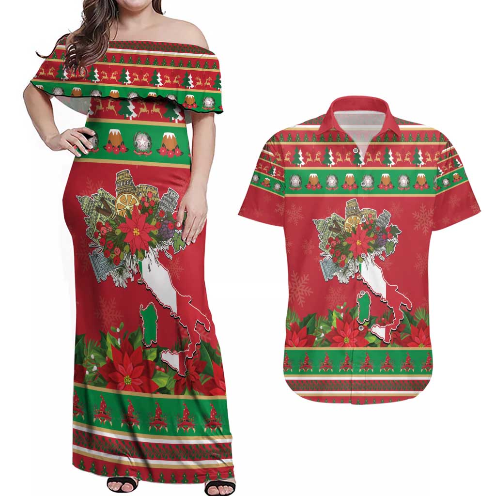Italy Christmas Couples Matching Off Shoulder Maxi Dress and Hawaiian Shirt Italian Map Poinsettia - Wonder Print Shop