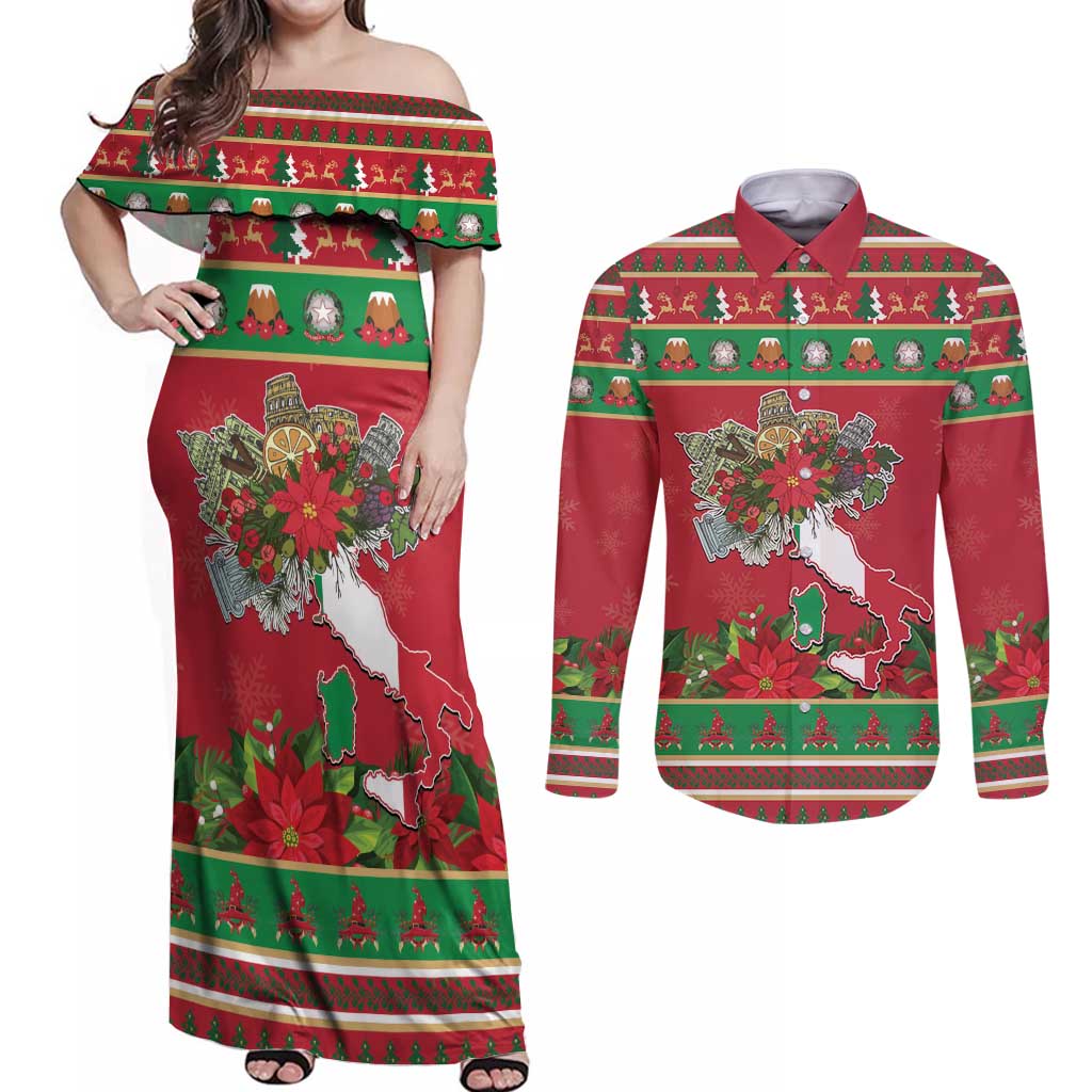 Italy Christmas Couples Matching Off Shoulder Maxi Dress and Long Sleeve Button Shirt Italian Map Poinsettia - Wonder Print Shop