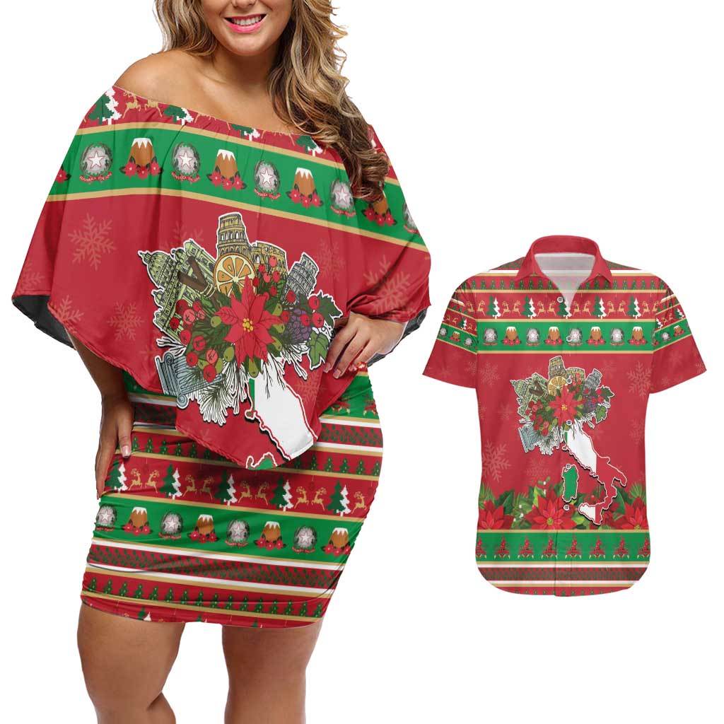 Italy Christmas Couples Matching Off Shoulder Short Dress and Hawaiian Shirt Italian Map Poinsettia - Wonder Print Shop