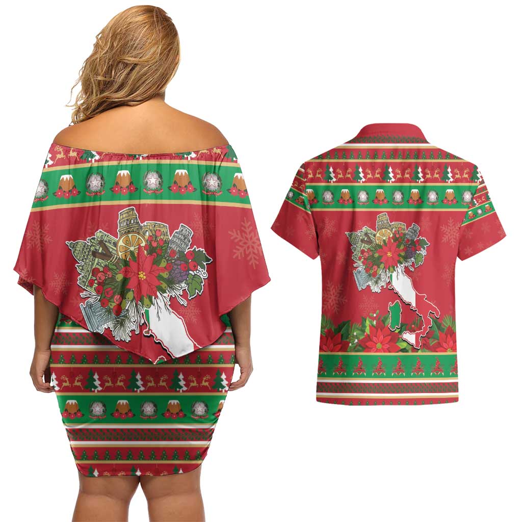 Italy Christmas Couples Matching Off Shoulder Short Dress and Hawaiian Shirt Italian Map Poinsettia - Wonder Print Shop