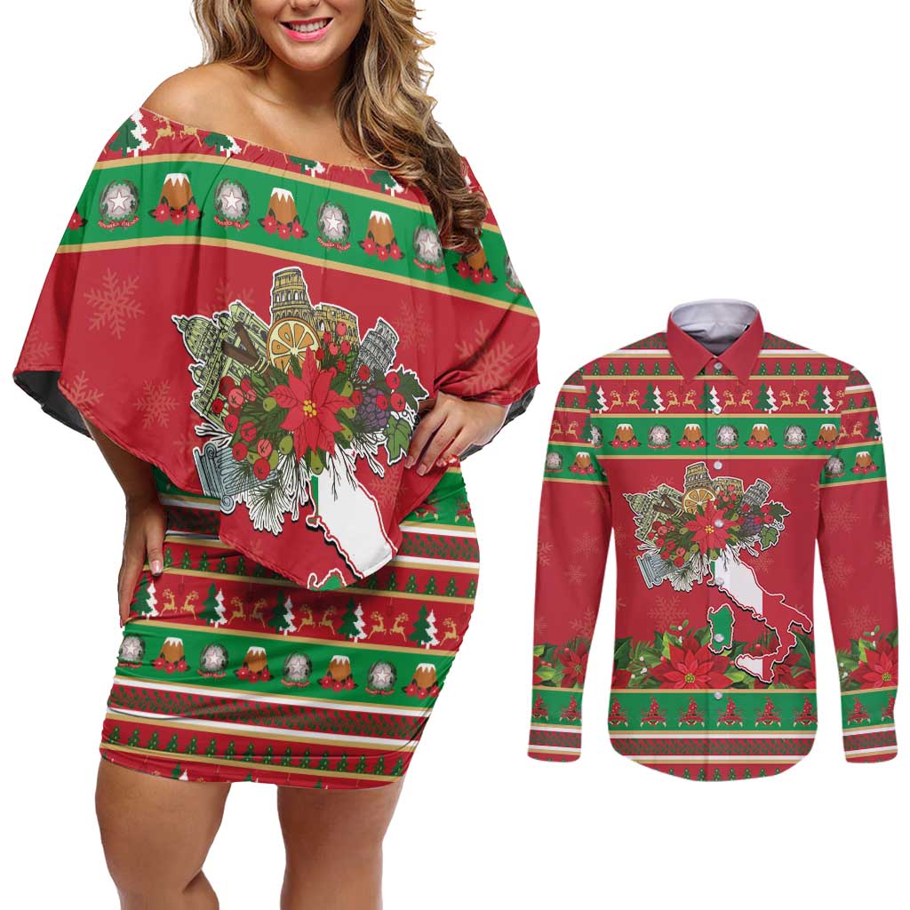 Italy Christmas Couples Matching Off Shoulder Short Dress and Long Sleeve Button Shirt Italian Map Poinsettia - Wonder Print Shop