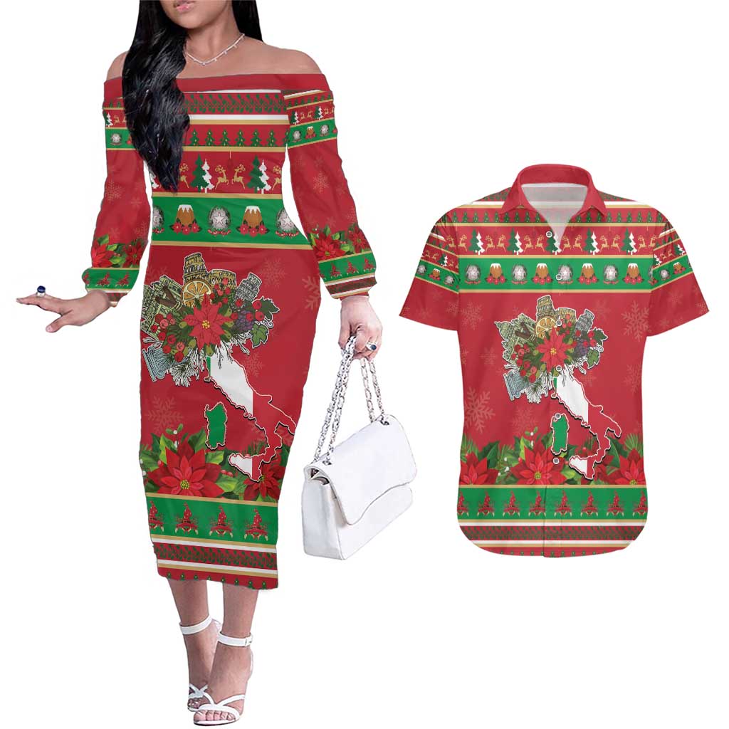 Italy Christmas Couples Matching Off The Shoulder Long Sleeve Dress and Hawaiian Shirt Italian Map Poinsettia - Wonder Print Shop