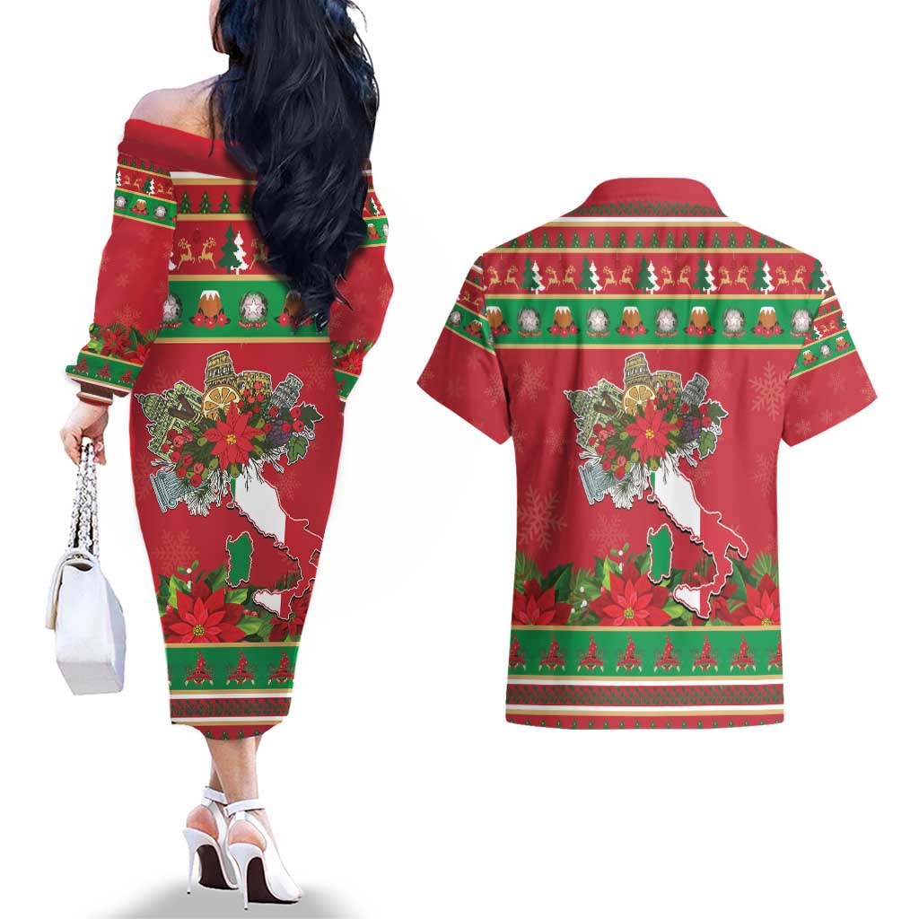 Italy Christmas Couples Matching Off The Shoulder Long Sleeve Dress and Hawaiian Shirt Italian Map Poinsettia - Wonder Print Shop