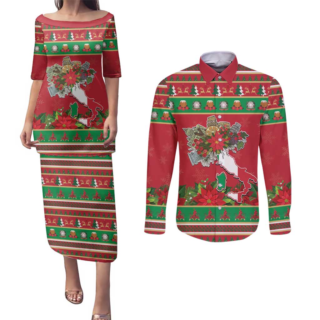 Italy Christmas Couples Matching Puletasi and Long Sleeve Button Shirt Italian Map Poinsettia - Wonder Print Shop