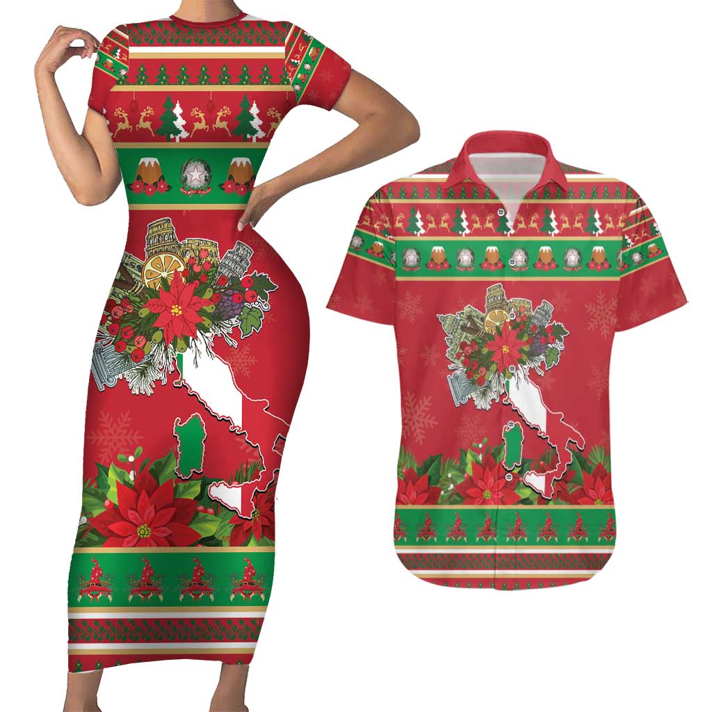 Italy Christmas Couples Matching Short Sleeve Bodycon Dress and Hawaiian Shirt Italian Map Poinsettia - Wonder Print Shop