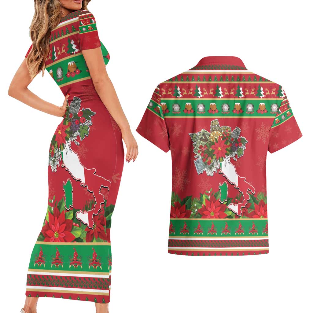 Italy Christmas Couples Matching Short Sleeve Bodycon Dress and Hawaiian Shirt Italian Map Poinsettia - Wonder Print Shop