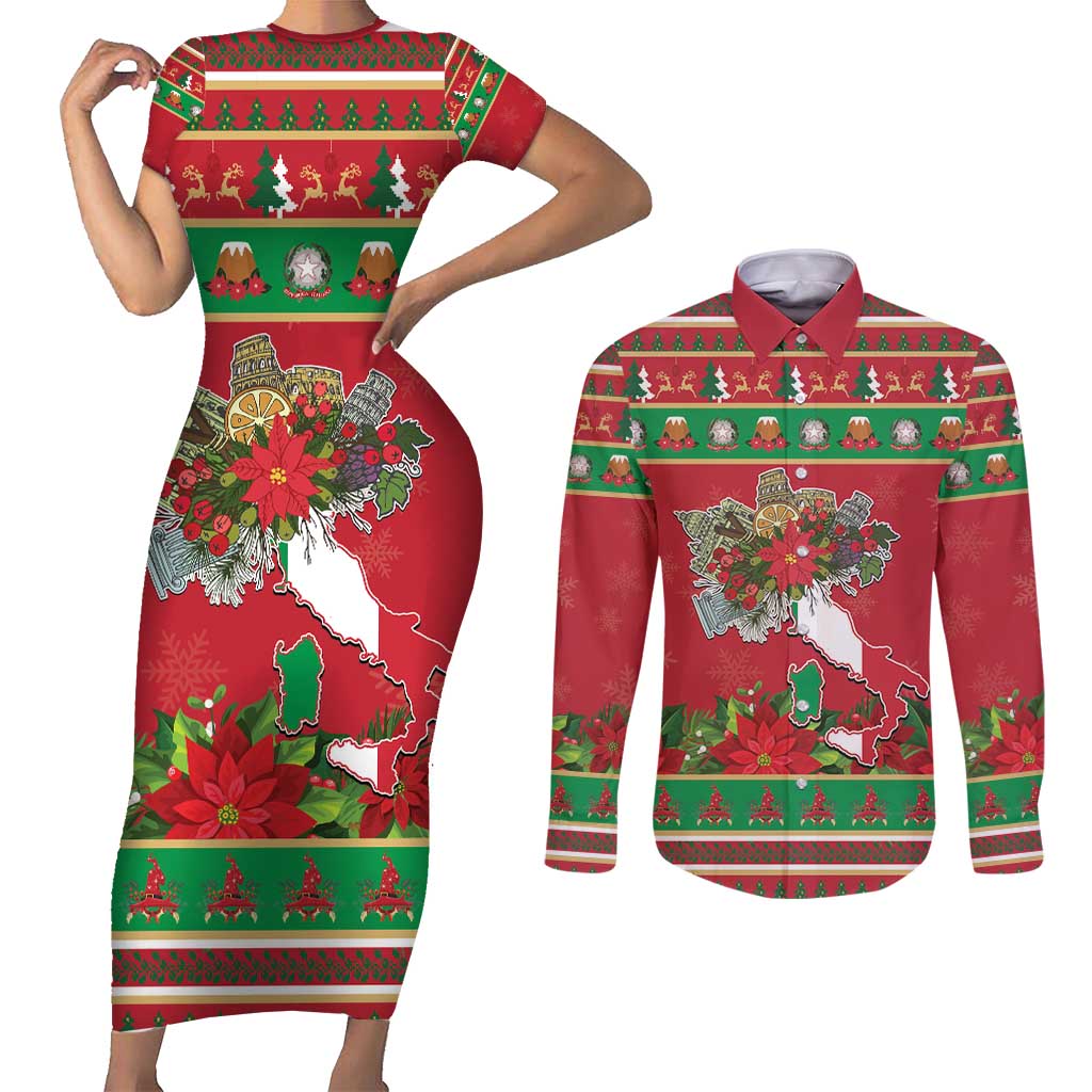 Italy Christmas Couples Matching Short Sleeve Bodycon Dress and Long Sleeve Button Shirt Italian Map Poinsettia - Wonder Print Shop