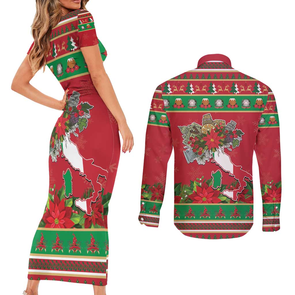 Italy Christmas Couples Matching Short Sleeve Bodycon Dress and Long Sleeve Button Shirt Italian Map Poinsettia - Wonder Print Shop