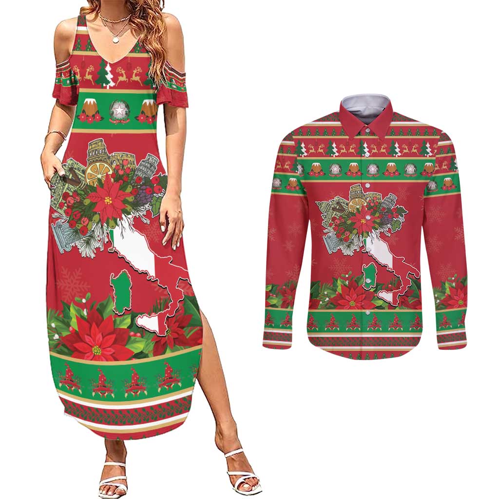 Italy Christmas Couples Matching Summer Maxi Dress and Long Sleeve Button Shirt Italian Map Poinsettia - Wonder Print Shop
