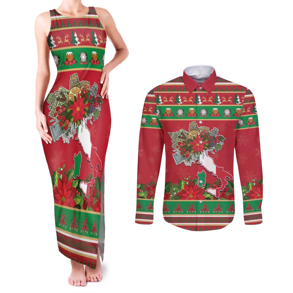 Italy Christmas Couples Matching Tank Maxi Dress and Long Sleeve Button Shirt Italian Map Poinsettia - Wonder Print Shop