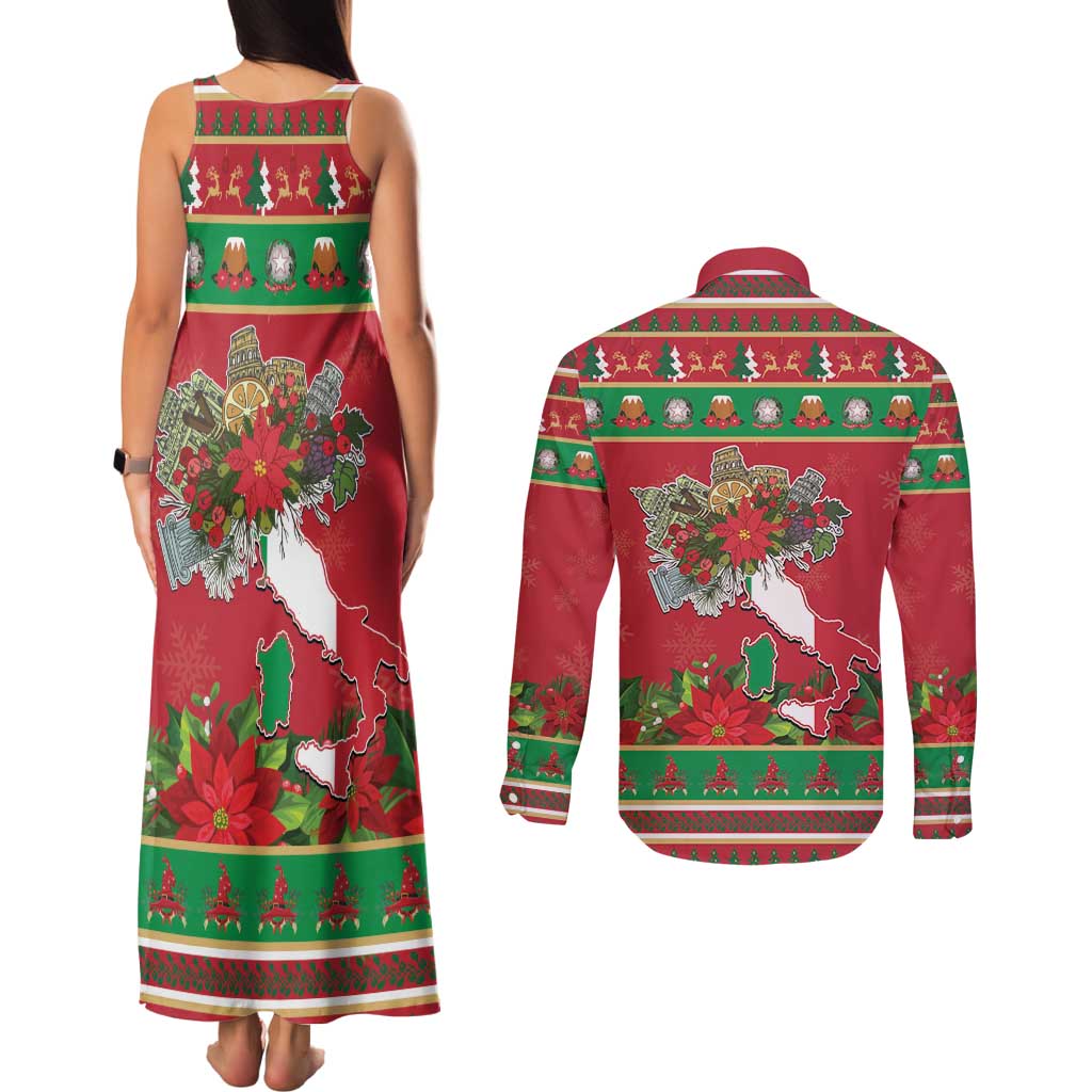 Italy Christmas Couples Matching Tank Maxi Dress and Long Sleeve Button Shirt Italian Map Poinsettia - Wonder Print Shop