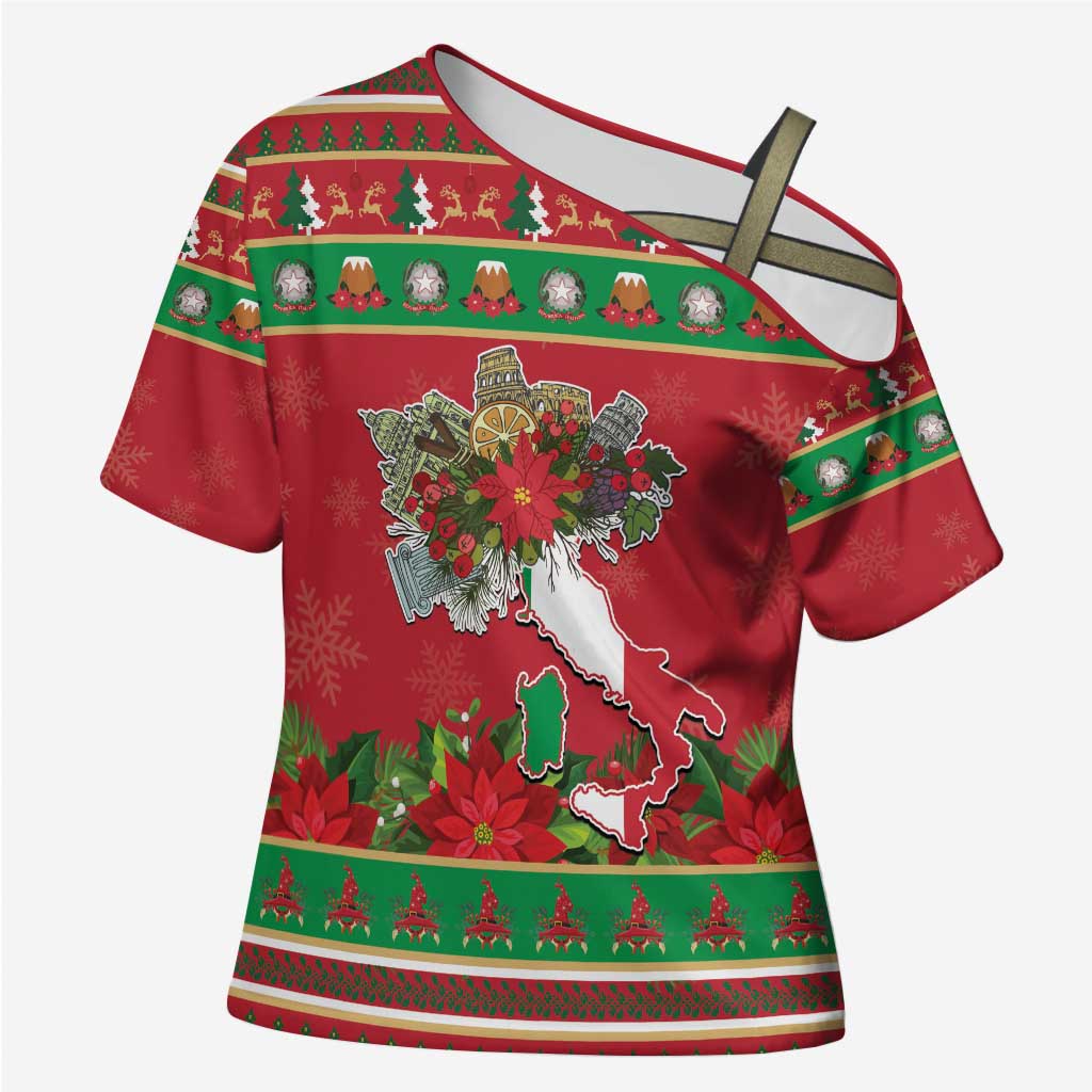 Italy Christmas Cross Shoulder Shirt Italian Map Poinsettia - Wonder Print Shop