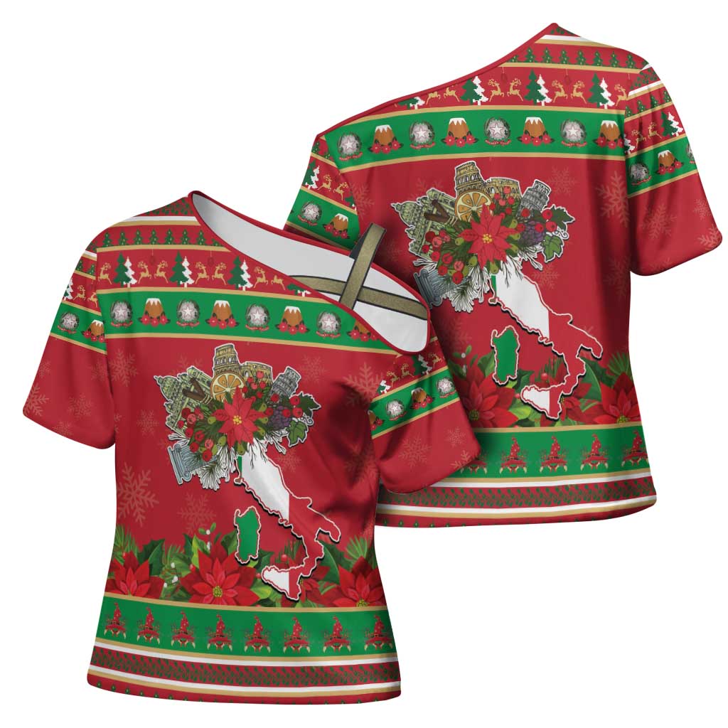 Italy Christmas Cross Shoulder Shirt Italian Map Poinsettia - Wonder Print Shop