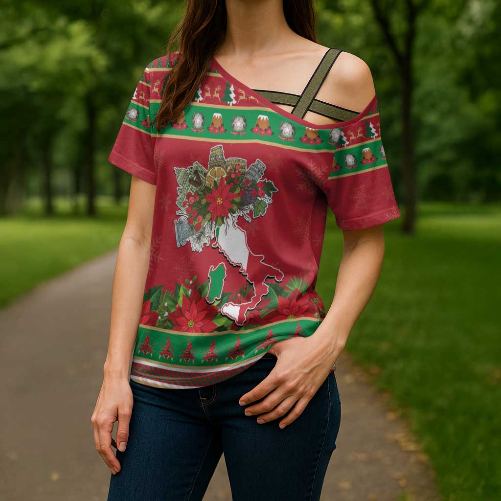 Italy Christmas Cross Shoulder Shirt Italian Map Poinsettia - Wonder Print Shop