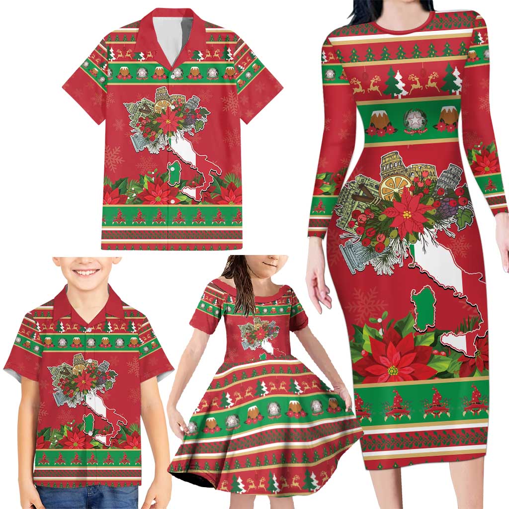 Italy Christmas Family Matching Long Sleeve Bodycon Dress and Hawaiian Shirt Italian Map Poinsettia - Wonder Print Shop