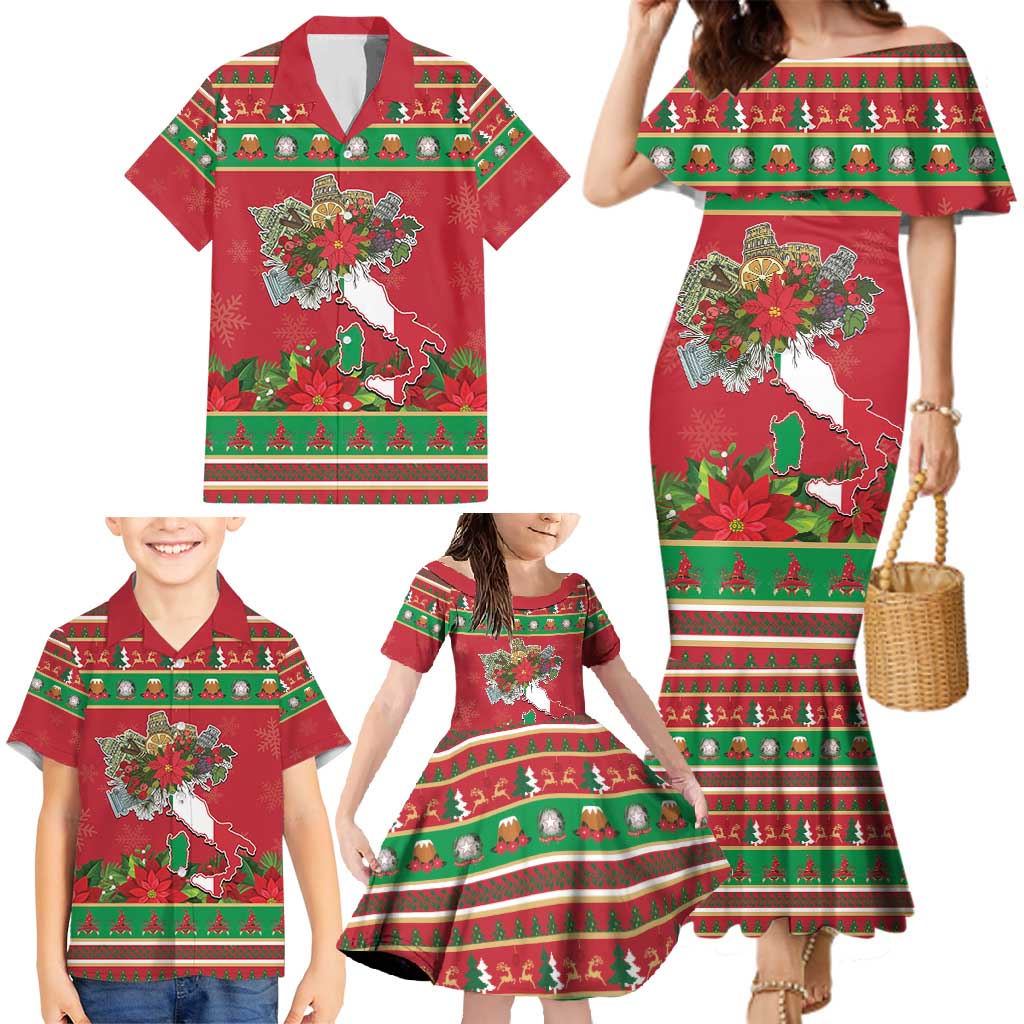 Italy Christmas Family Matching Mermaid Dress and Hawaiian Shirt Italian Map Poinsettia - Wonder Print Shop