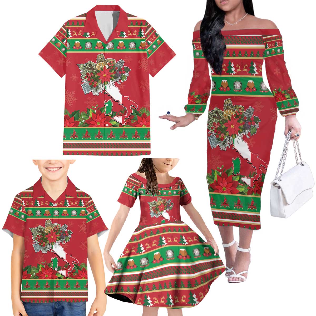 Italy Christmas Family Matching Off The Shoulder Long Sleeve Dress and Hawaiian Shirt Italian Map Poinsettia - Wonder Print Shop