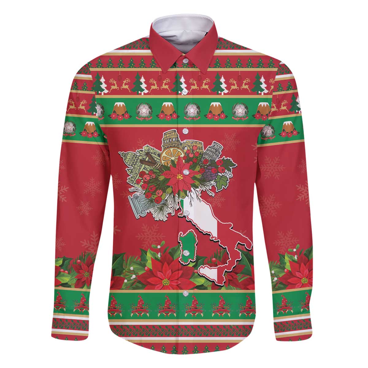 Italy Christmas Family Matching Off The Shoulder Long Sleeve Dress and Hawaiian Shirt Italian Map Poinsettia - Wonder Print Shop