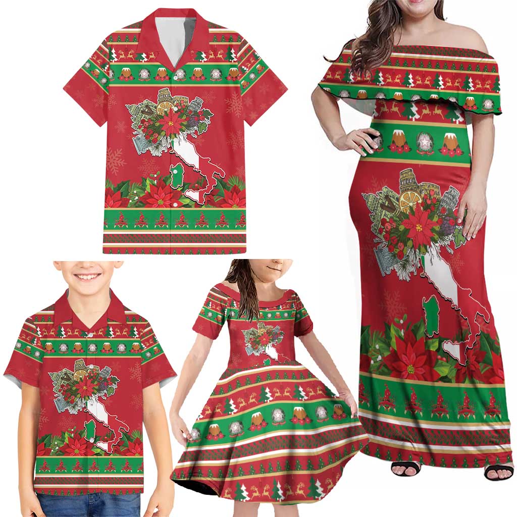 Italy Christmas Family Matching Off Shoulder Maxi Dress and Hawaiian Shirt Italian Map Poinsettia - Wonder Print Shop