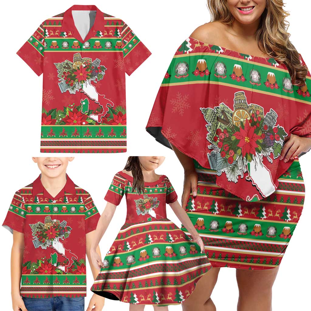 Italy Christmas Family Matching Off Shoulder Short Dress and Hawaiian Shirt Italian Map Poinsettia - Wonder Print Shop