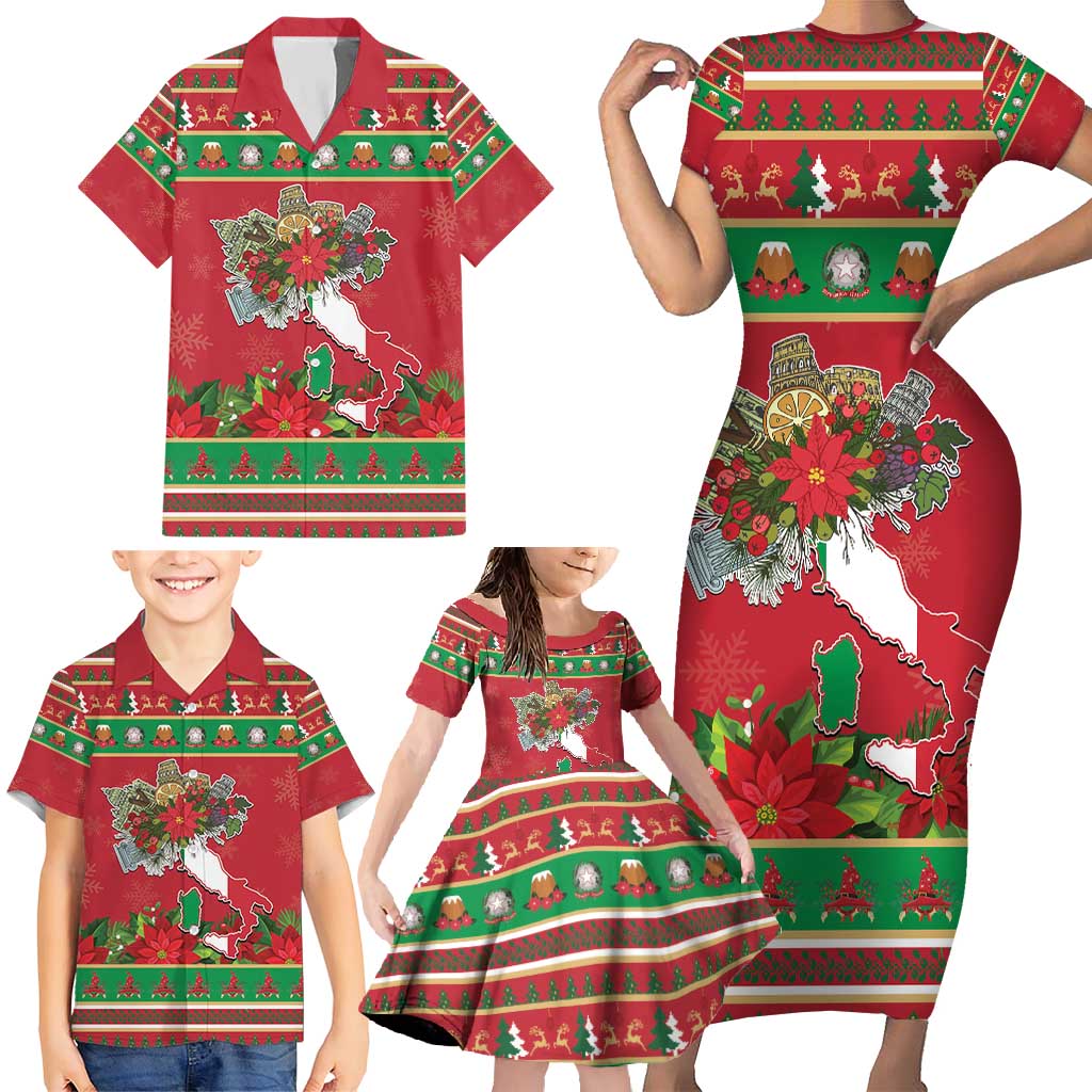 Italy Christmas Family Matching Short Sleeve Bodycon Dress and Hawaiian Shirt Italian Map Poinsettia - Wonder Print Shop