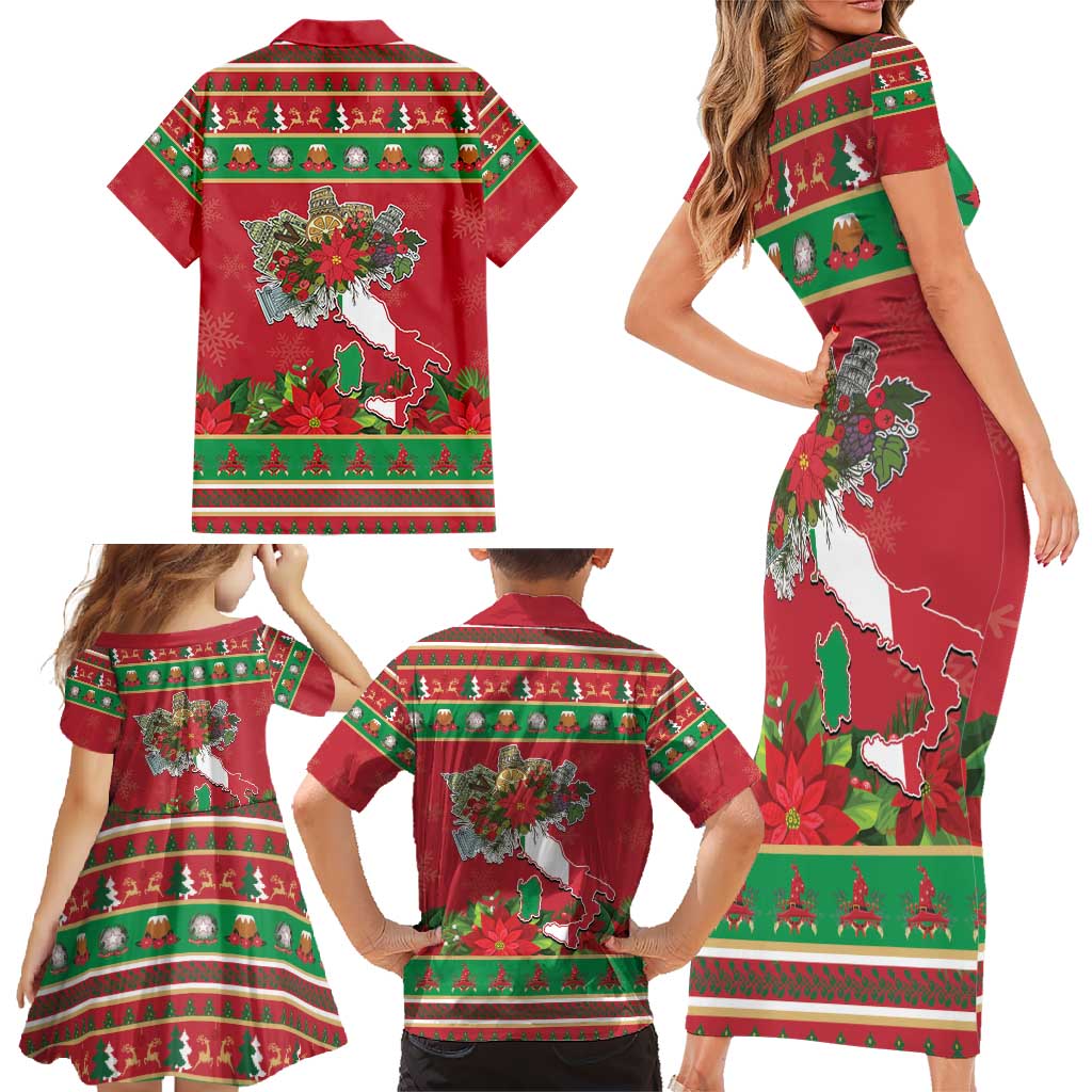 Italy Christmas Family Matching Short Sleeve Bodycon Dress and Hawaiian Shirt Italian Map Poinsettia - Wonder Print Shop