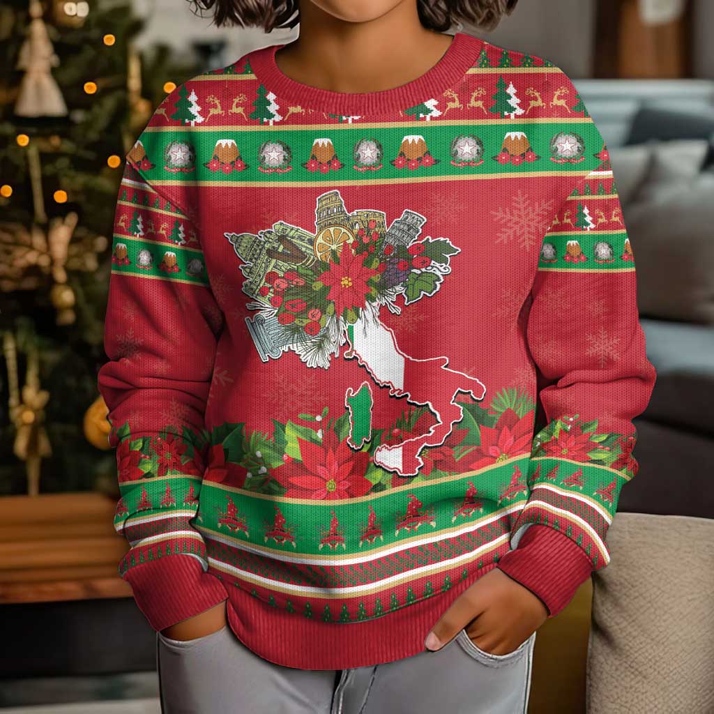 Italy Christmas Kid Ugly Christmas Sweater Italian Map Poinsettia - Wonder Print Shop