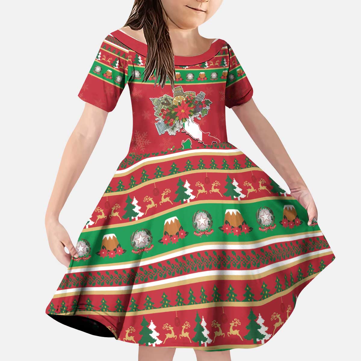 Italy Christmas Kid Short Sleeve Dress Italian Map Poinsettia - Wonder Print Shop