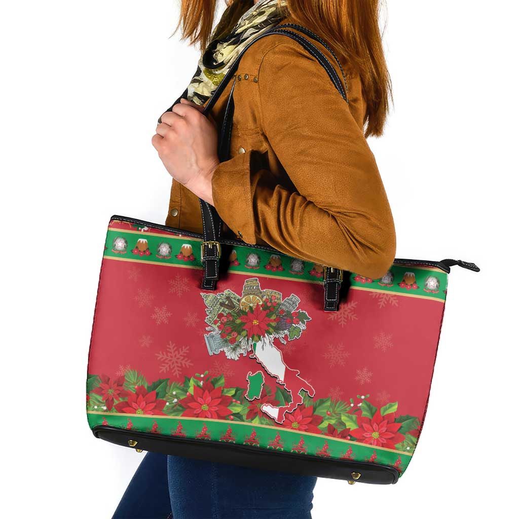 Italy Christmas Leather Tote Bag Italian Map Poinsettia - Wonder Print Shop
