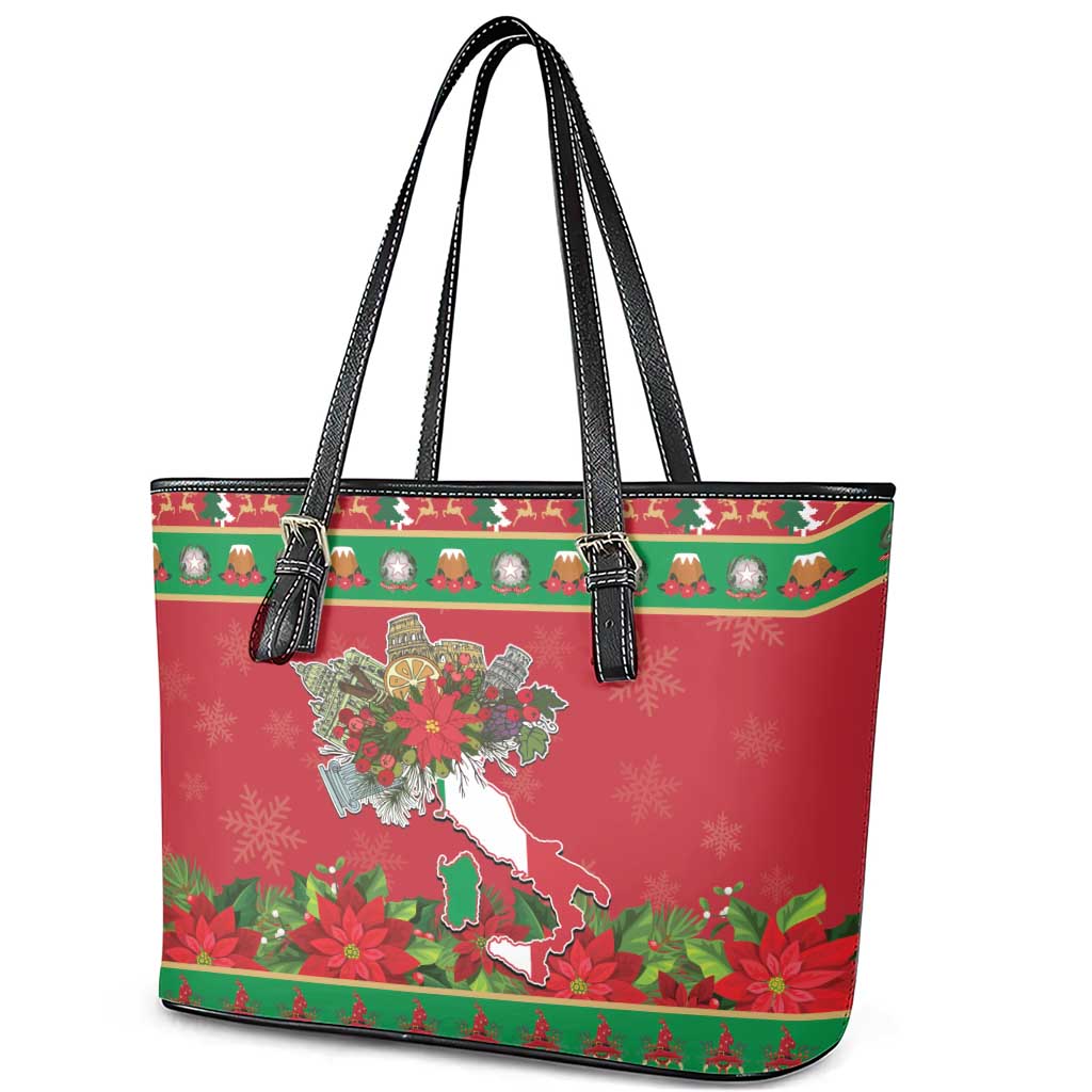 Italy Christmas Leather Tote Bag Italian Map Poinsettia - Wonder Print Shop