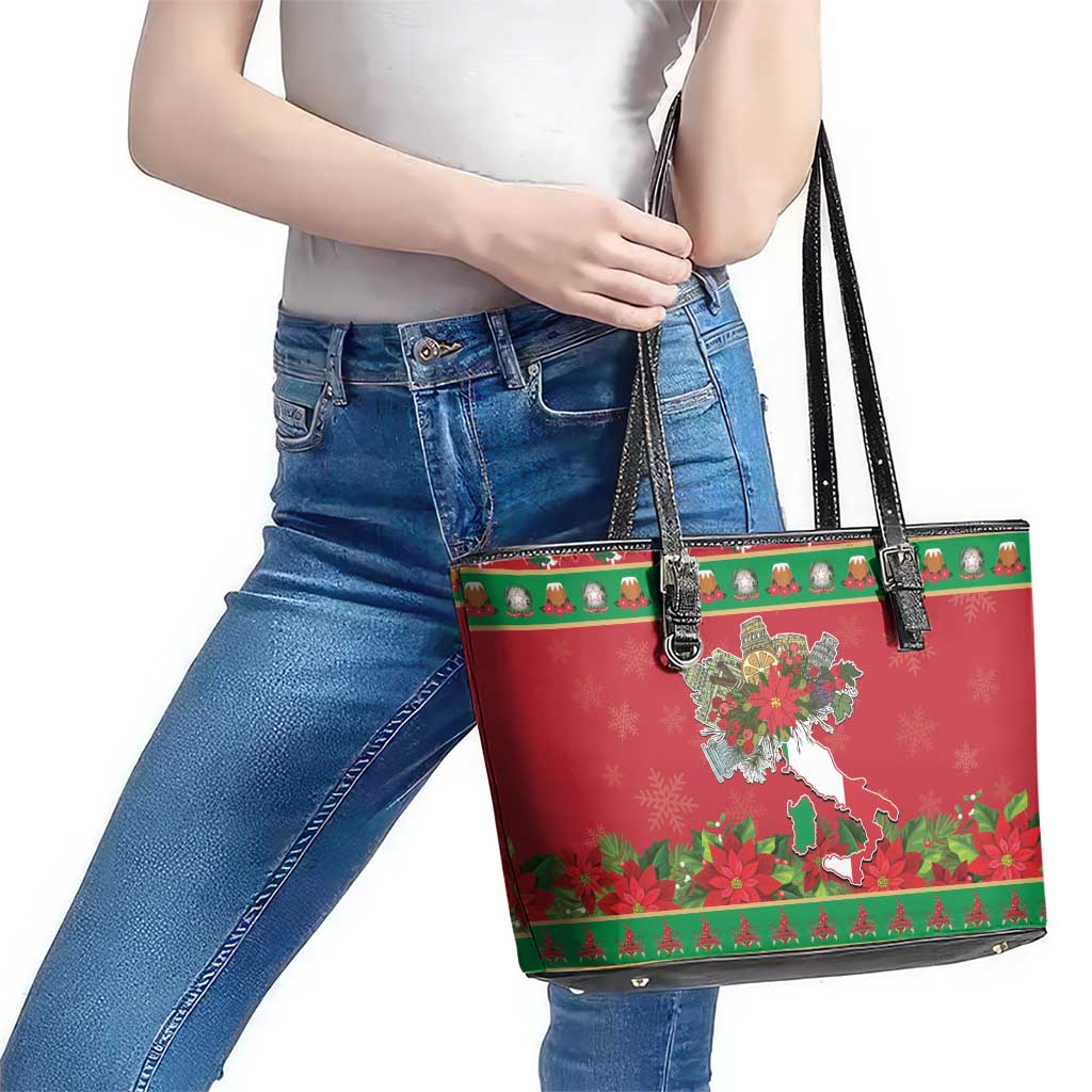 Italy Christmas Leather Tote Bag Italian Map Poinsettia - Wonder Print Shop