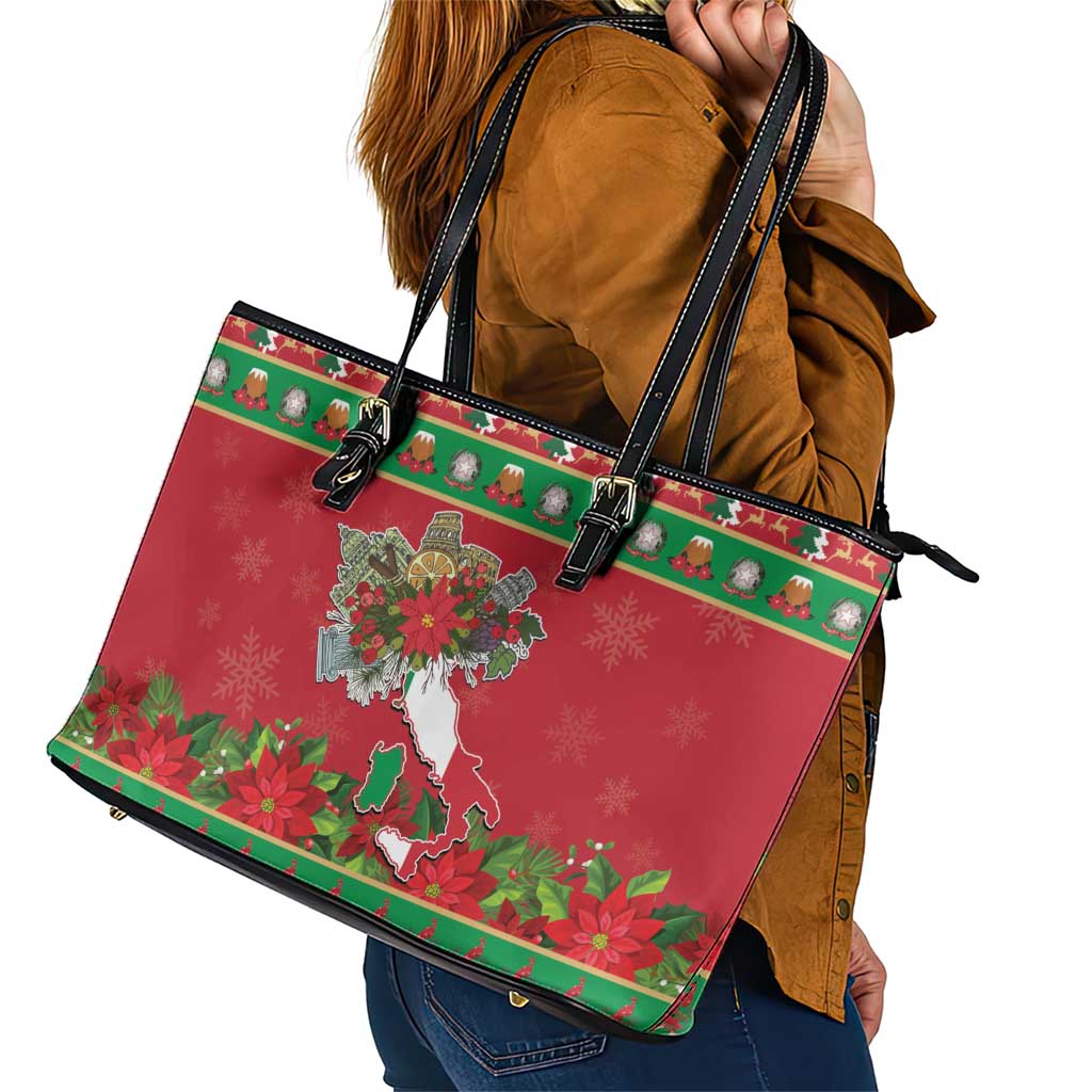 Italy Christmas Leather Tote Bag Italian Map Poinsettia - Wonder Print Shop