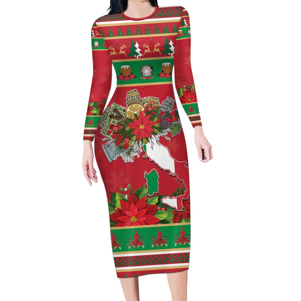 Italy Christmas Long Sleeve Bodycon Dress Italian Map Poinsettia - Wonder Print Shop