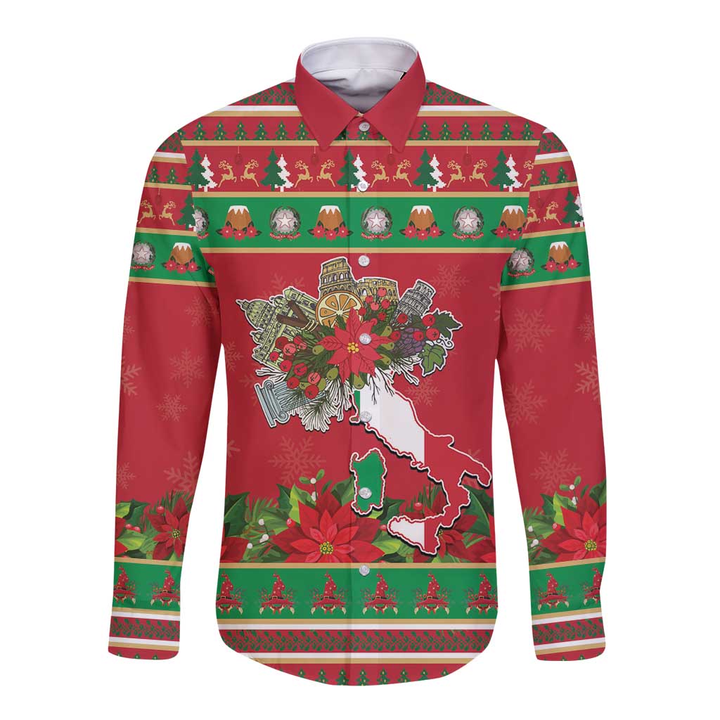 Italy Christmas Long Sleeve Button Shirt Italian Map Poinsettia - Wonder Print Shop