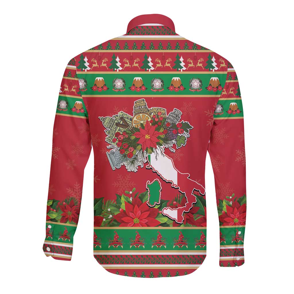 Italy Christmas Long Sleeve Button Shirt Italian Map Poinsettia - Wonder Print Shop
