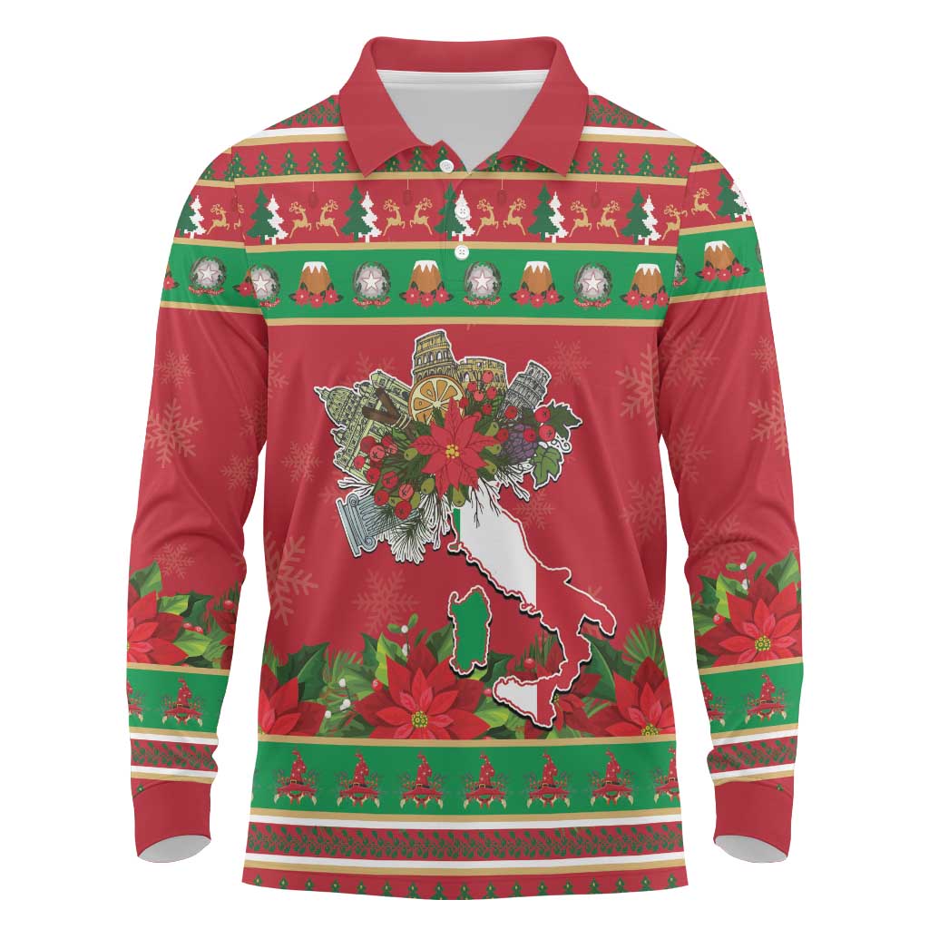 Italy Christmas Long Sleeve Polo Shirt Italian Map Poinsettia - Wonder Print Shop
