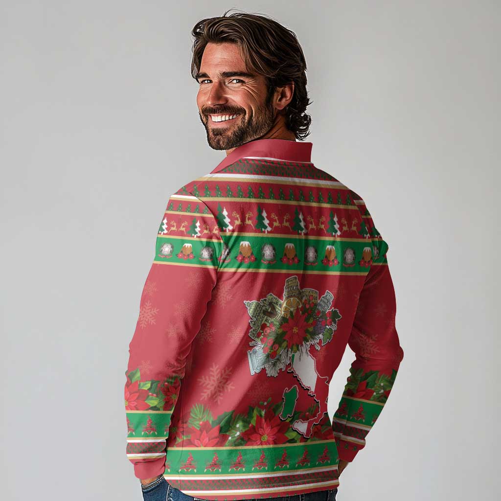 Italy Christmas Long Sleeve Polo Shirt Italian Map Poinsettia - Wonder Print Shop