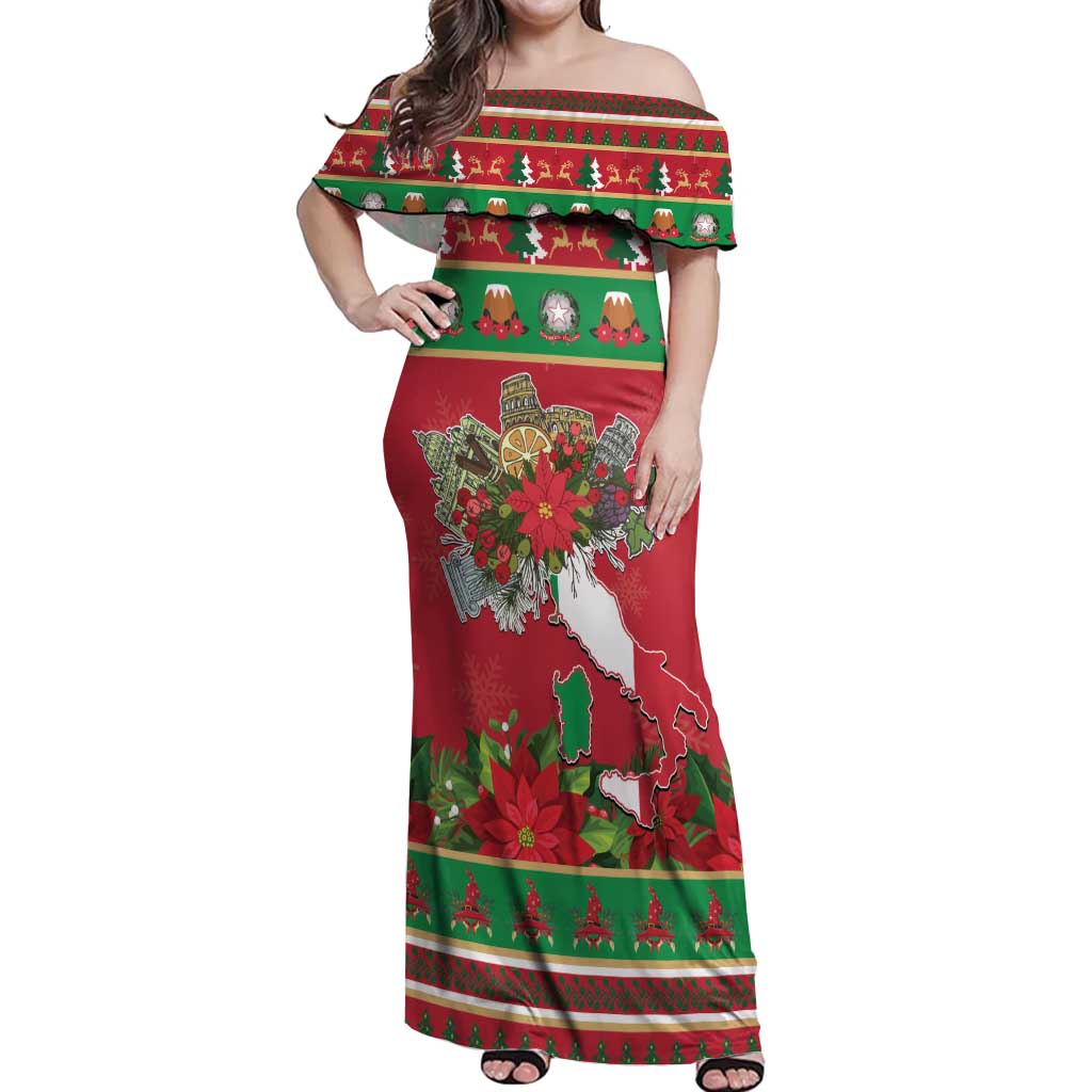 Italy Christmas Off Shoulder Maxi Dress Italian Map Poinsettia - Wonder Print Shop