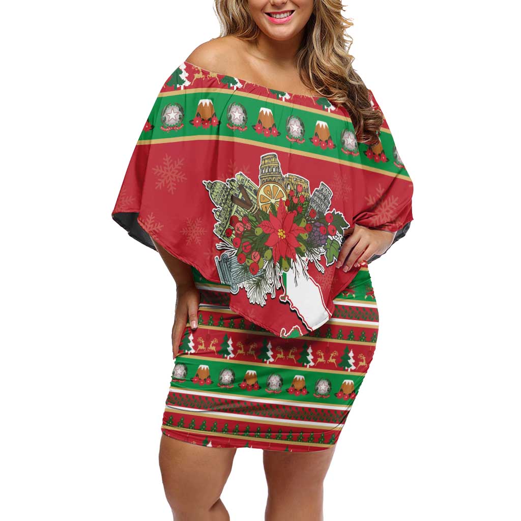 Italy Christmas Off Shoulder Short Dress Italian Map Poinsettia - Wonder Print Shop
